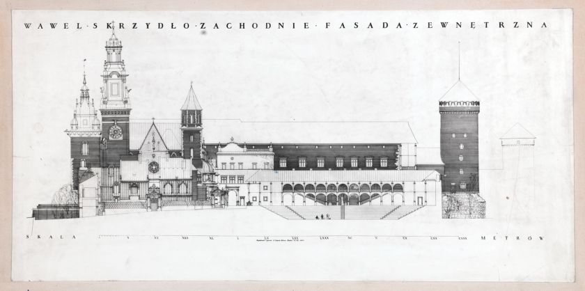 Przebudowa Wawelu. Skrzydło zachodnie, elewacja zewnętrzna (wschodnia), 1943, proj. i rys. Adolf Szyszko-Bohusz, Muzeum Architektury we Wrocławiu