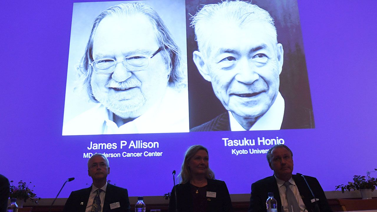 Komitet w Instytucie Karolinska uhonorował nagrodą w dziedzinie fizjologii i medycyny Jamesa P. Allisona i Tasuku Honjo (fot. PAP/EPA/Fredrik Sandberg) Komitet w Instytucie Karolinska uhonorował nagrodą w dziedzinie fizjologii i medycyny Jamesa P. Allisona i Tasuku Honjo (fot. PAP/EPA/Fredrik Sandberg)