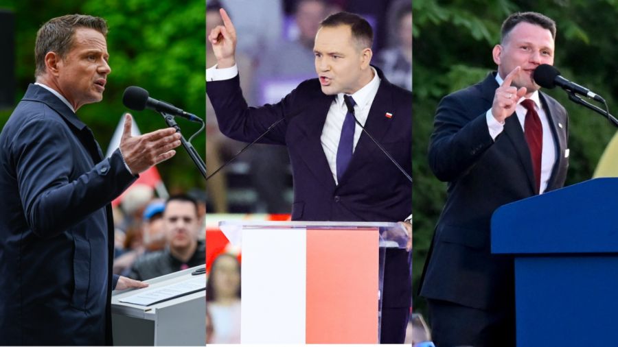 Presidential candidates: liberal Rafał Trzaskowski, conservative Karol Nawrocki, and far-right libertarian Sławomir Mentzen. Photos: Omar Marques/Getty Images; PAP/Marian Zubrzycki; PAP/Piotr Polak