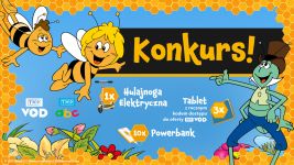 Plakaty promujący konkurs z okazji 50. rocznicy urodzin Pszczółki Mai. Na zdjęciu znajdują się bohaterowie bajki oraz nagrody, które można wygrać.