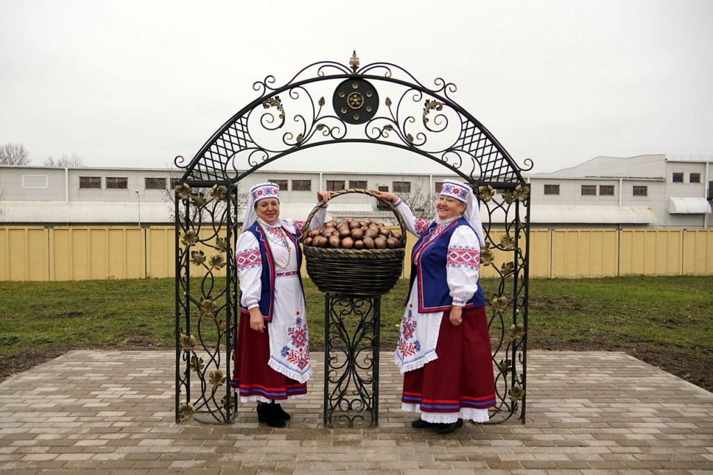 Цырымонія адкрыцця малой архітэктурнай формы ў выглядзе бронзавага кошыка з бульбай (Фота: Tribunapracy.by)