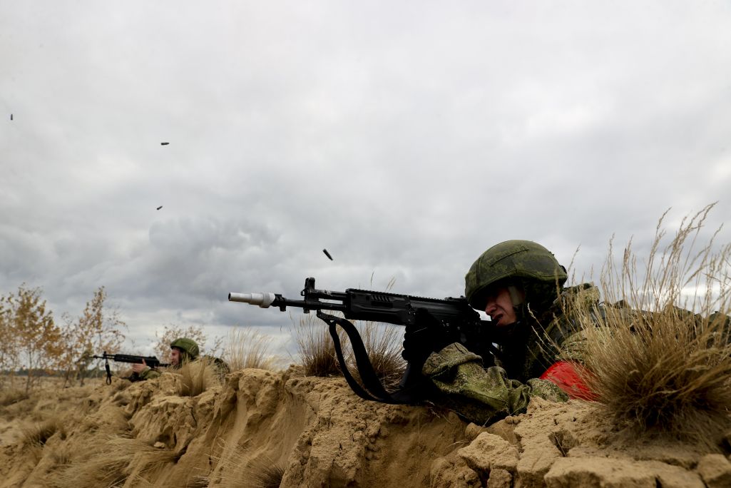 Расейскія і беларускія войскі прымаюць удзел у вучэннях «Захад-2021» у Брэсцкай вобласці, Беларусь. 14 верасня 2021 года. Фота: Stringer / Anadolu Agency via Getty Images