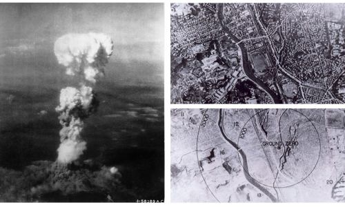 Грибовидное облако после взрыва атомной бомбы над Хиросимой 6 августа 1945 года. Рядом с последствиями бомбардировки Нагасаки - до и после 9 августа 1945 года. Фото: George R. Caron и Fastfission - U.S. National Archives. Общественное достояние, Wikimedia Commons 