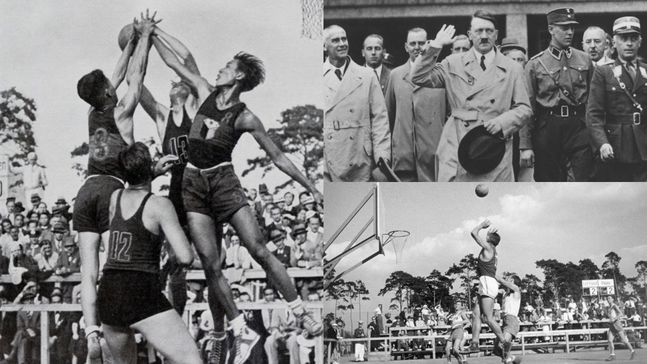 Koszykarze reprezentacji Meksyku i Filipin, reprezentacja Polski w meczu z Łotwą i kanclerz Niemiec w 1936 roku Adolf Hitler (fot. Getty Images)