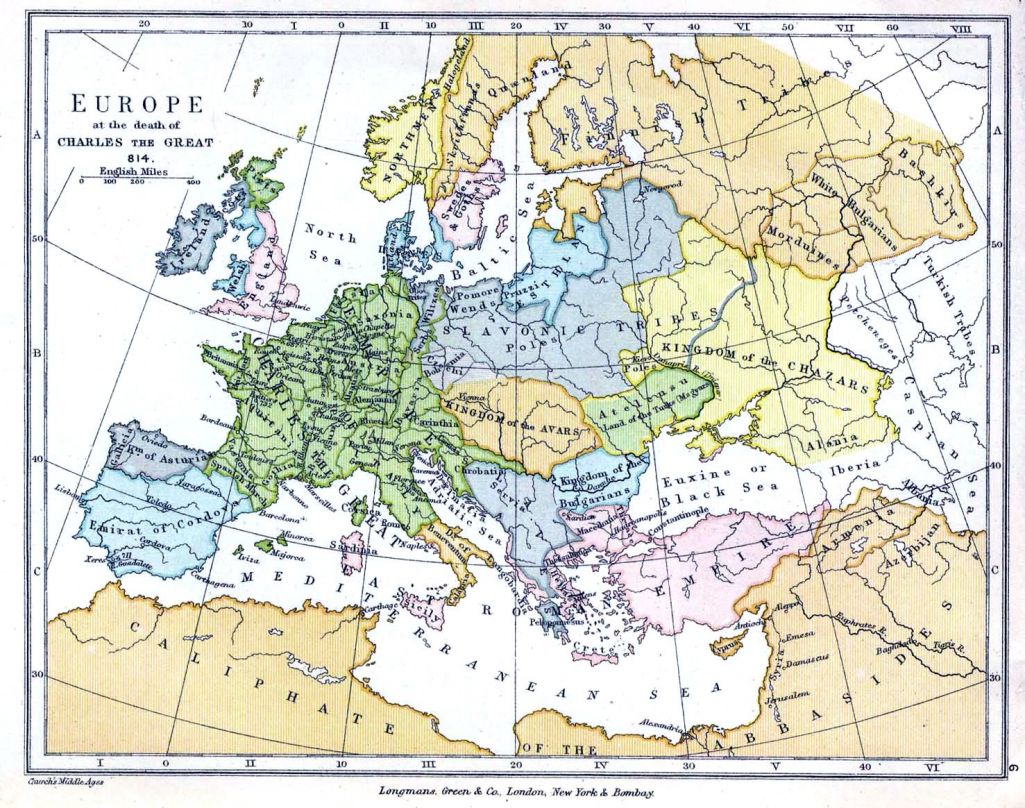 Мапа Еўропы станам на 814 год – Русі яшчэ няма. «The Public Schools Historical Atlas», 1905 год. Скан: Gifex.com