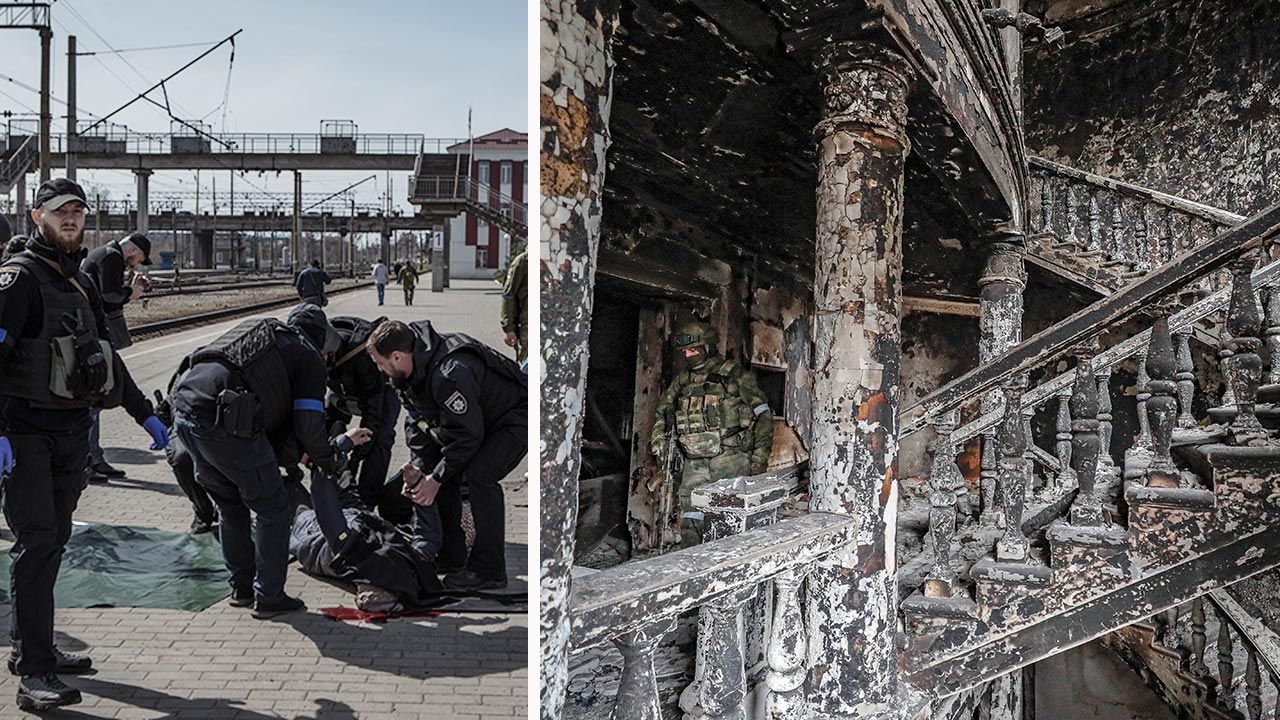 Wiosną zeszłego roku Rosjanie zbombardowali dworzec w Kramatorsku i teatr w Mariupolu (fot.  Andrea Carrubba/Anadolu Agency via Getty Images; PAP/EPA)