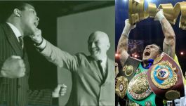 Z lewej: Muhammad Ali i Cus D'Amato. Obok Ołeksandr Usyk z Pucharem Muhammada Alego (fot. Getty/Instagram)