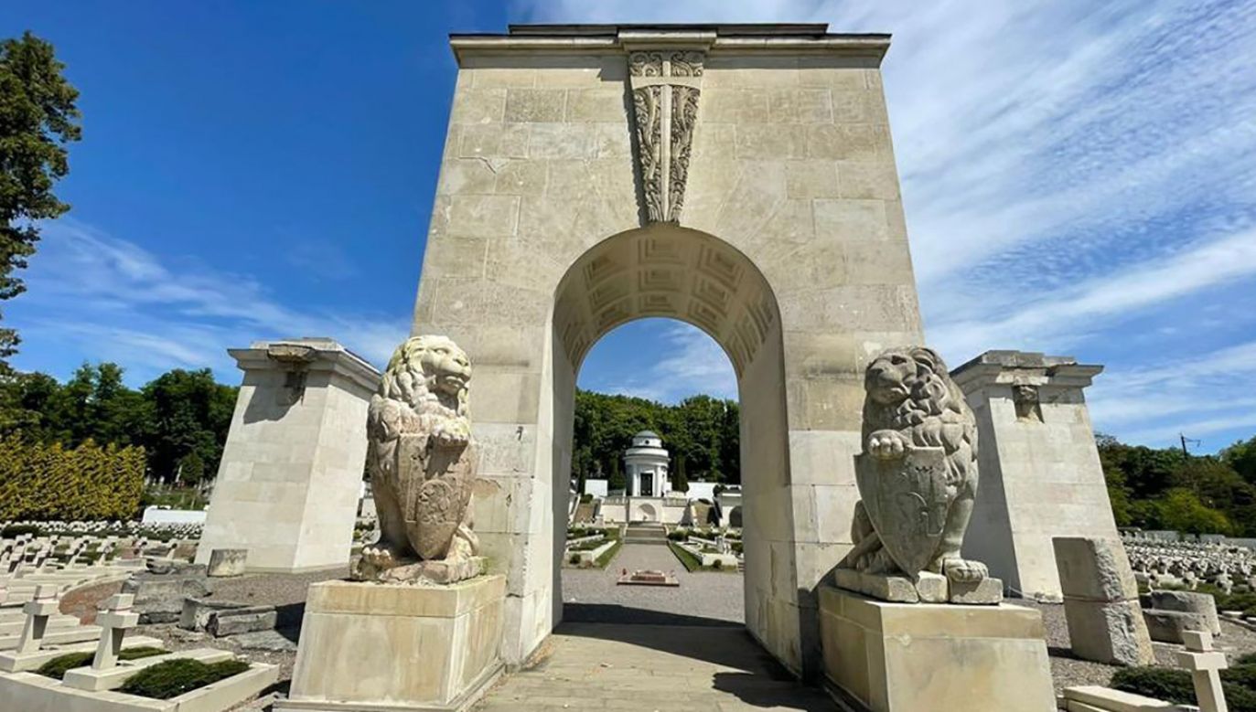 Posągi lwów na Cmentarzu Orląt Lwowskich (fot. tt/@michaldworczyk)