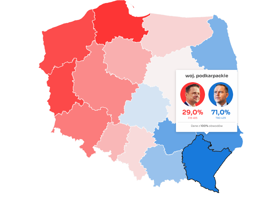 Размеркаванне галасоў ува ўсёй Польшчы. Інтэрактыўная мапа: Onet.pl